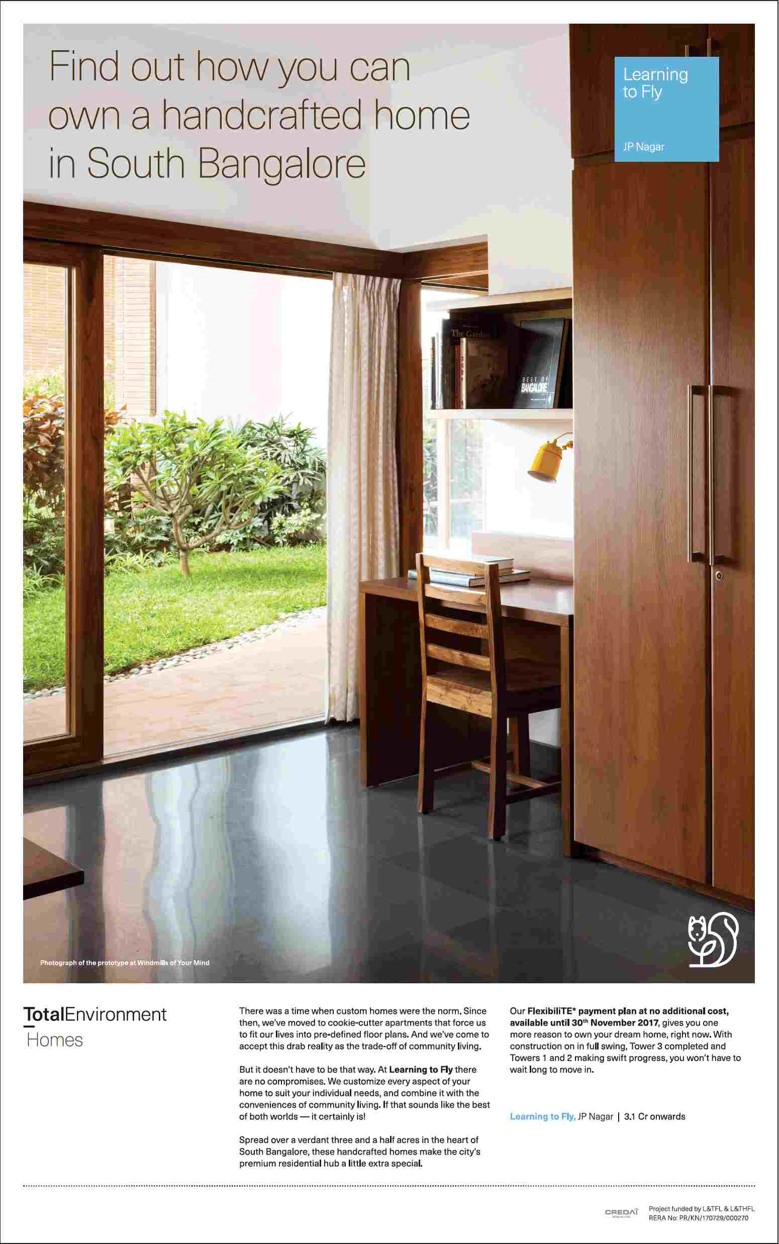 Find out how you can own a handcrafted home at Total Environment Learning to Fly in South Bangalore